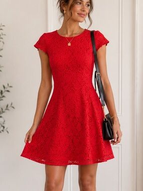 J.Crew Red Floral Lace Fit & Flare Dress Wedding Guest Party Dress | Size 2